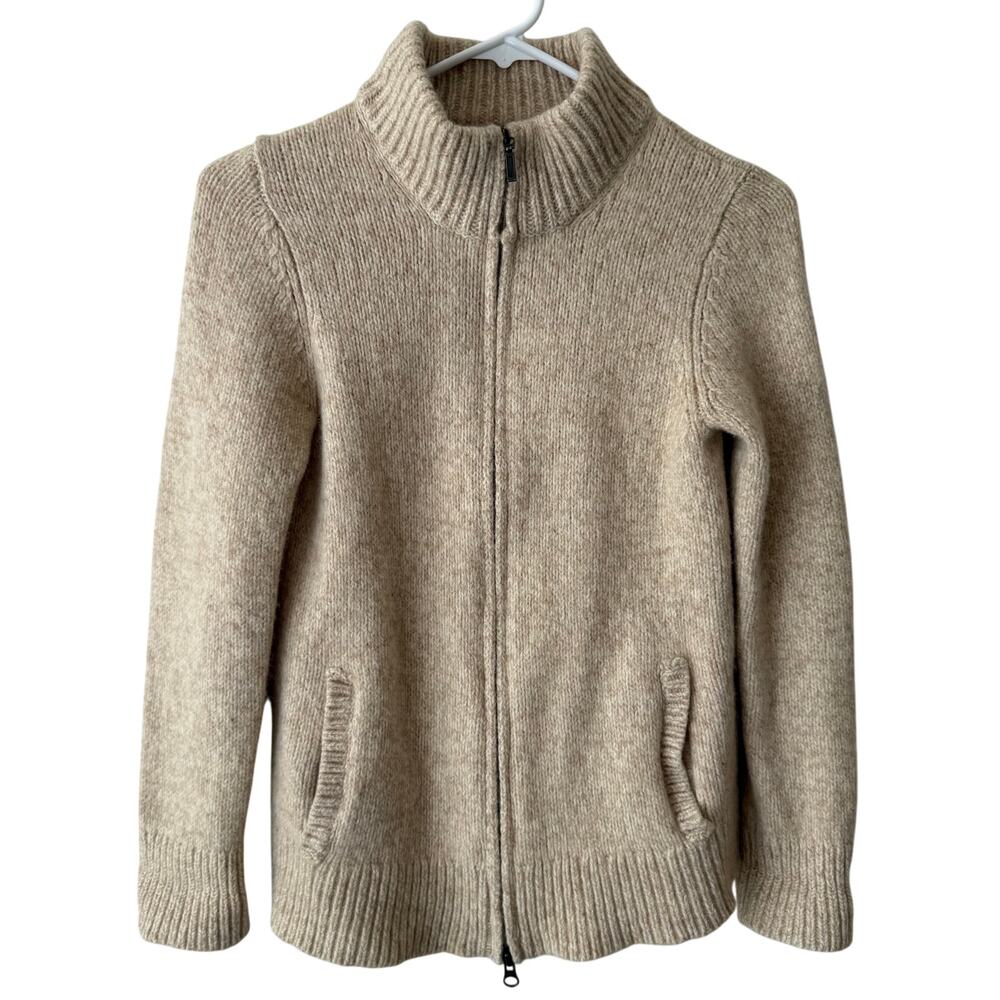 L.L. Bean Cream Lambs Wool Knit Full Zip Sweater Cardigan Small Minimalist Retro